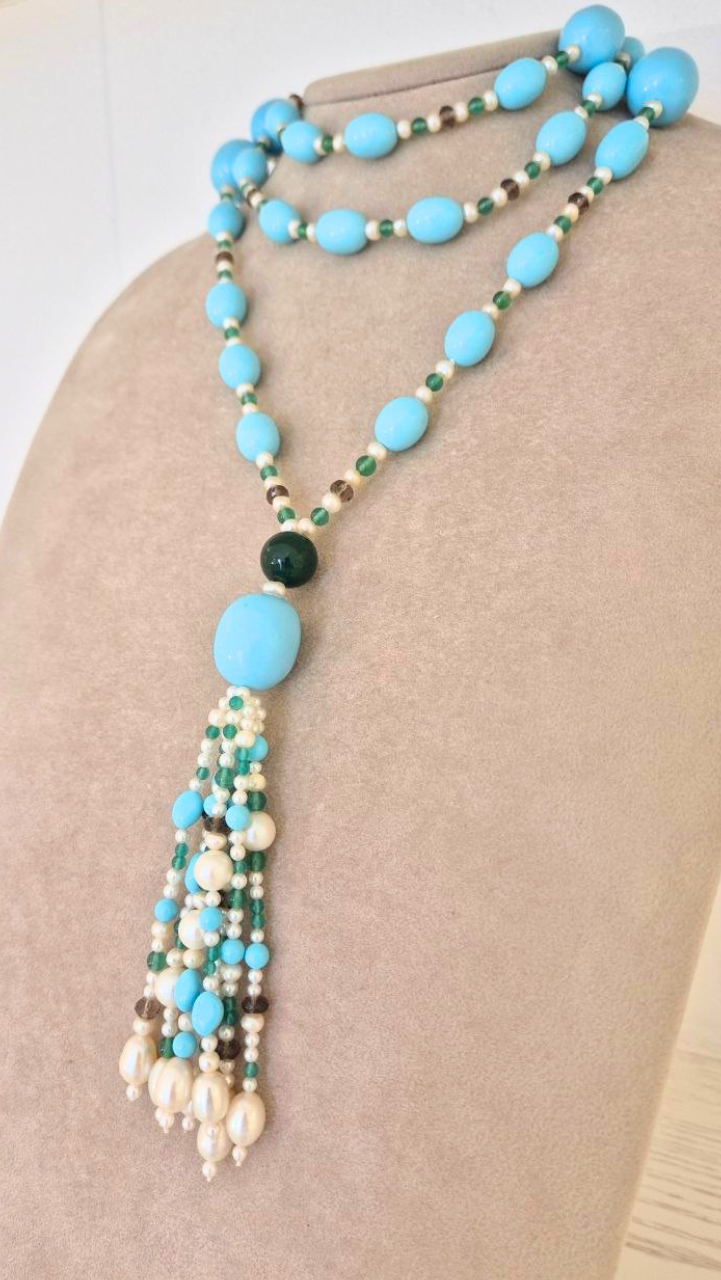 Collana in Pietre Naturali con Pasta di Turchese, Giada, Quarzo fumè e Perle