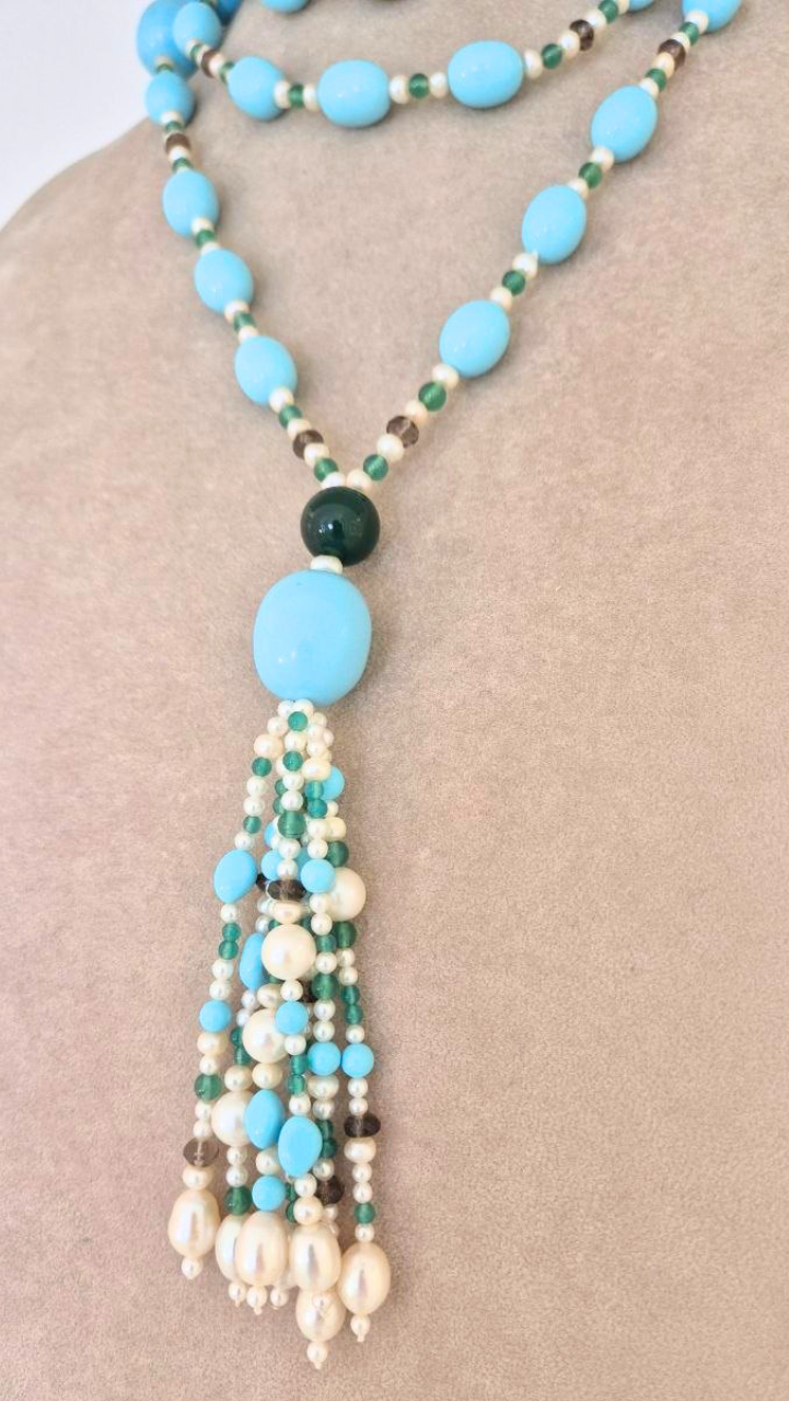 Collana in Pietre Naturali con Pasta di Turchese, Giada, Quarzo fumè e Perle