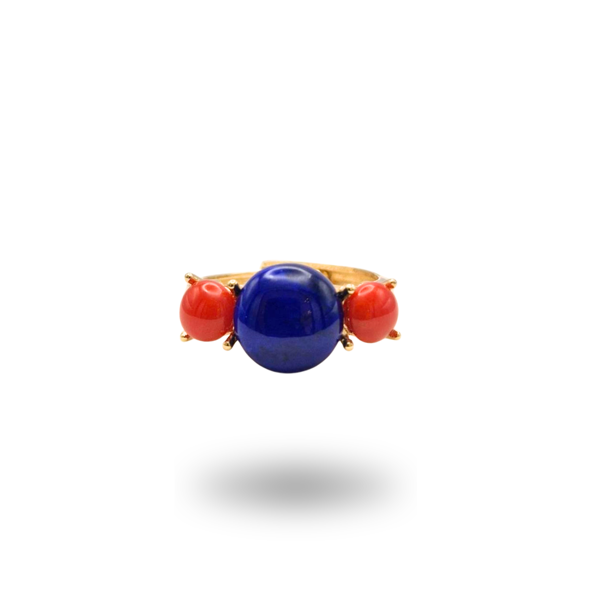 Anello in Argento 925 dorato con Lapis centrale e due spole di Corallo rosso