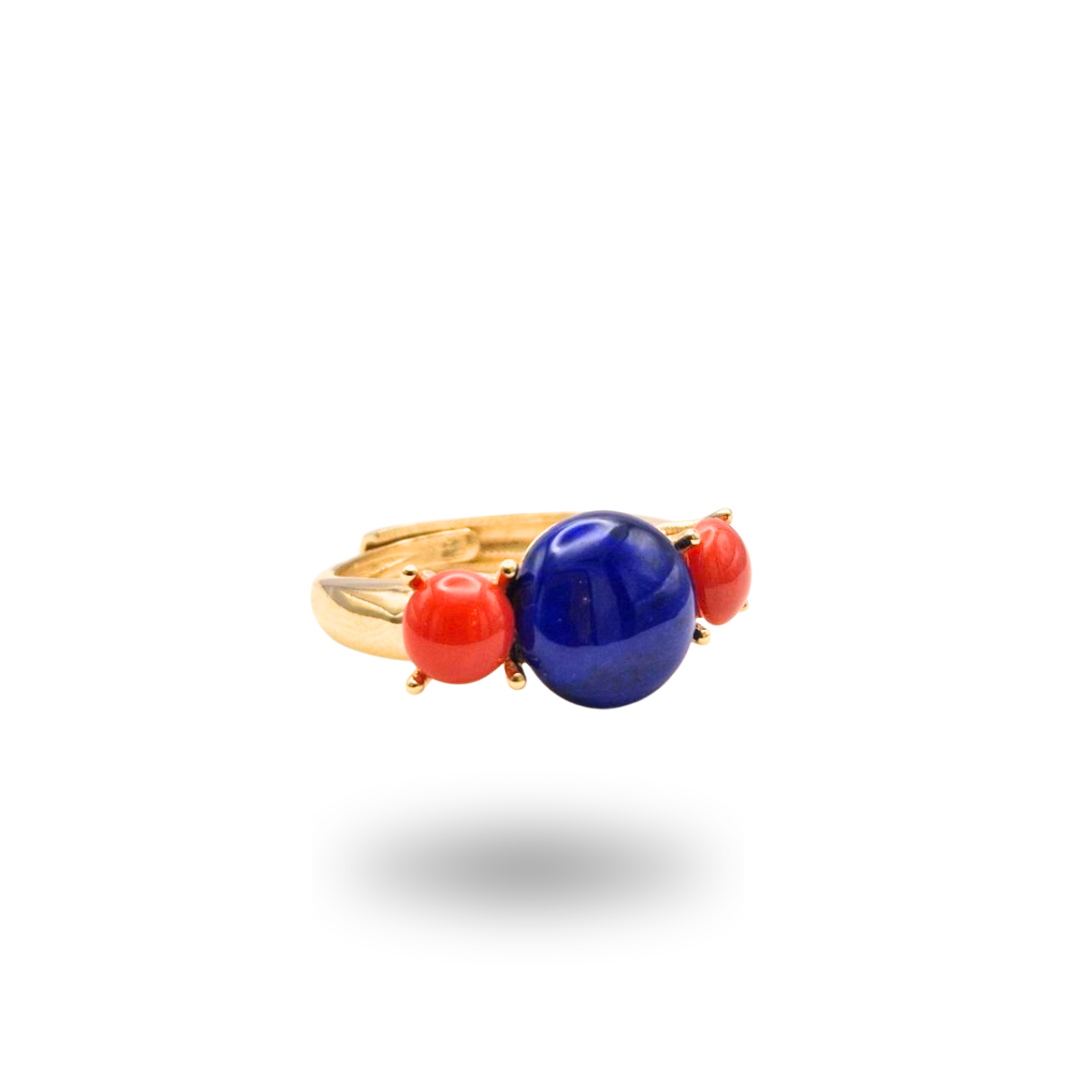 Anello in Argento 925 dorato con Lapis centrale e due spole di Corallo rosso