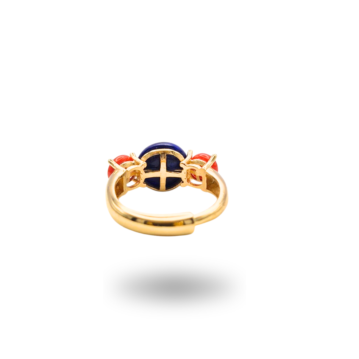 Anello in Argento 925 dorato con Lapis centrale e due spole di Corallo rosso