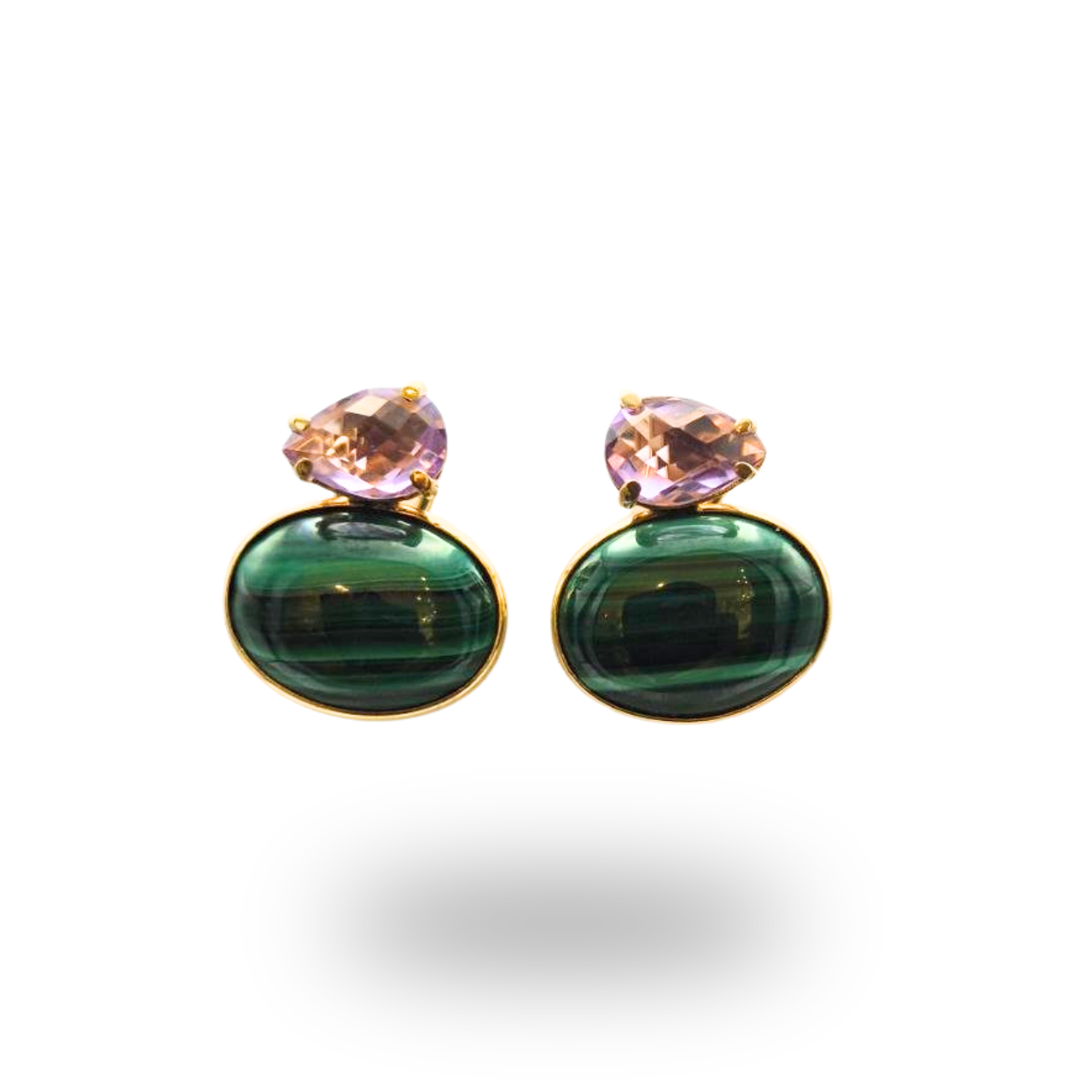 Orecchini in Argento 925 dorato con grande spola ovale in Malachite e Ametista a goccia