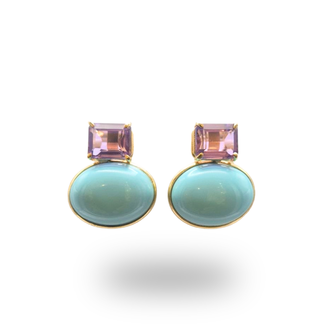 Orecchini in Argento 925 dorato con grande spola ovale in Pasta di Turchese e Ametista quadrata