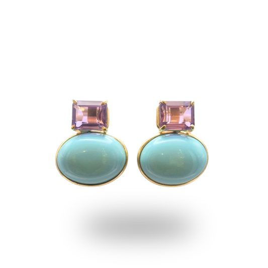 Orecchini in Argento 925 dorato con grande spola ovale in Pasta di Turchese e Ametista quadrata