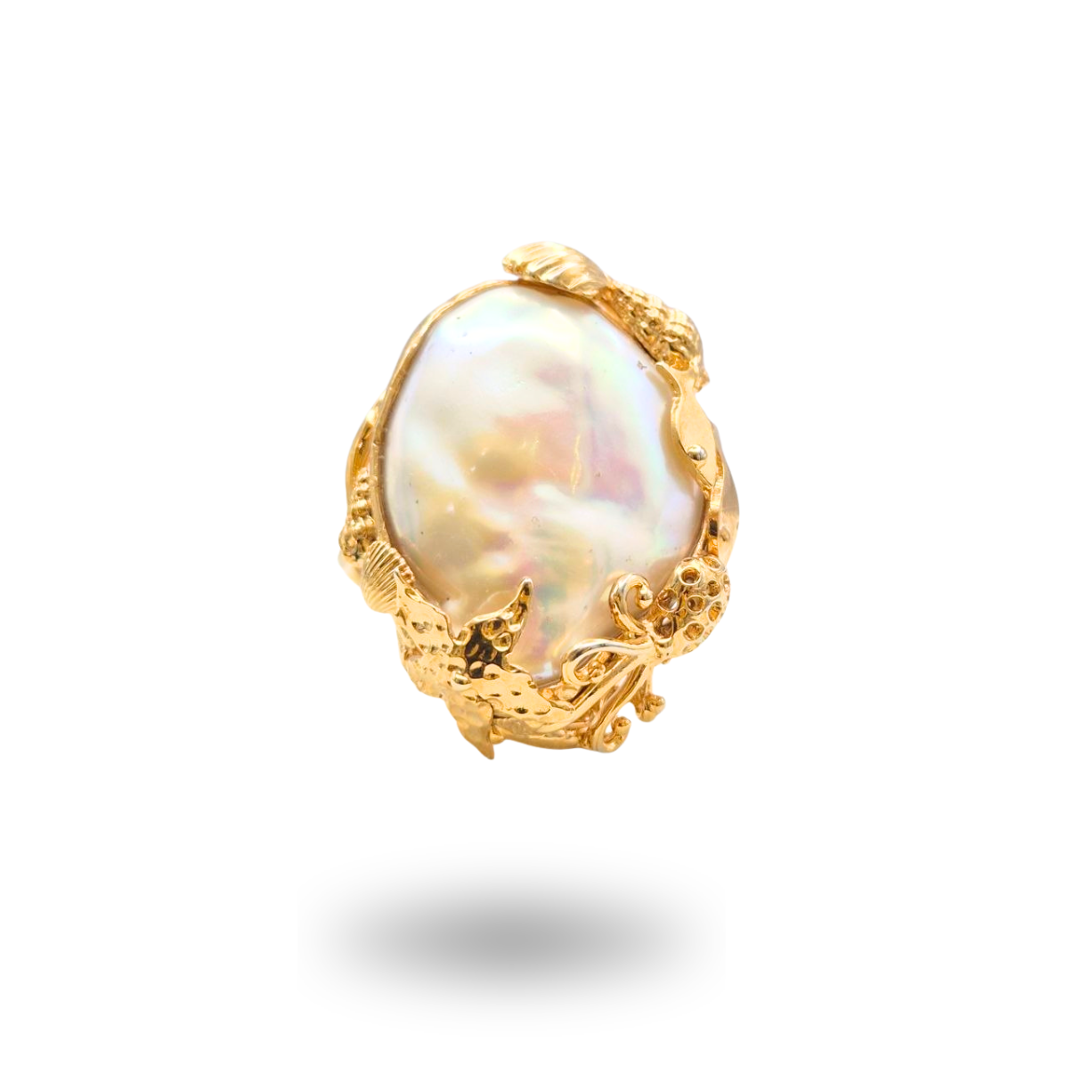 Anello in Bronzo dorato con Perla Scaramazza e tema marino