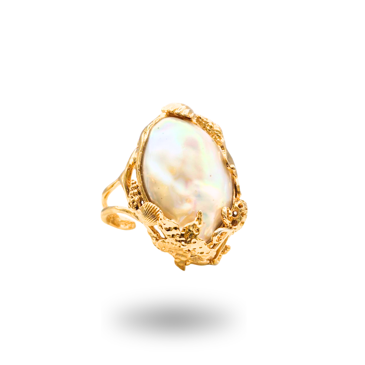 Anello in Bronzo dorato con Perla Scaramazza e tema marino