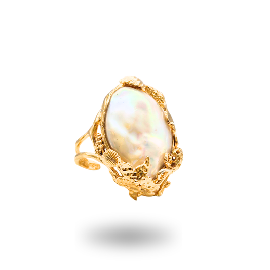 Anello in Bronzo dorato con Perla Scaramazza e tema marino