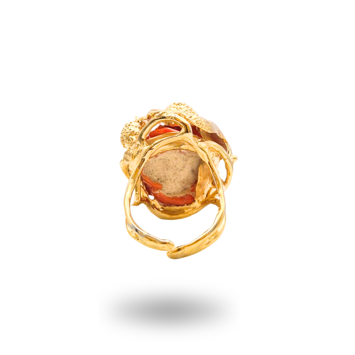 Anello in Bronzo dorato con sasso di Corallo rosso Mediterraneo e tema alghe marine