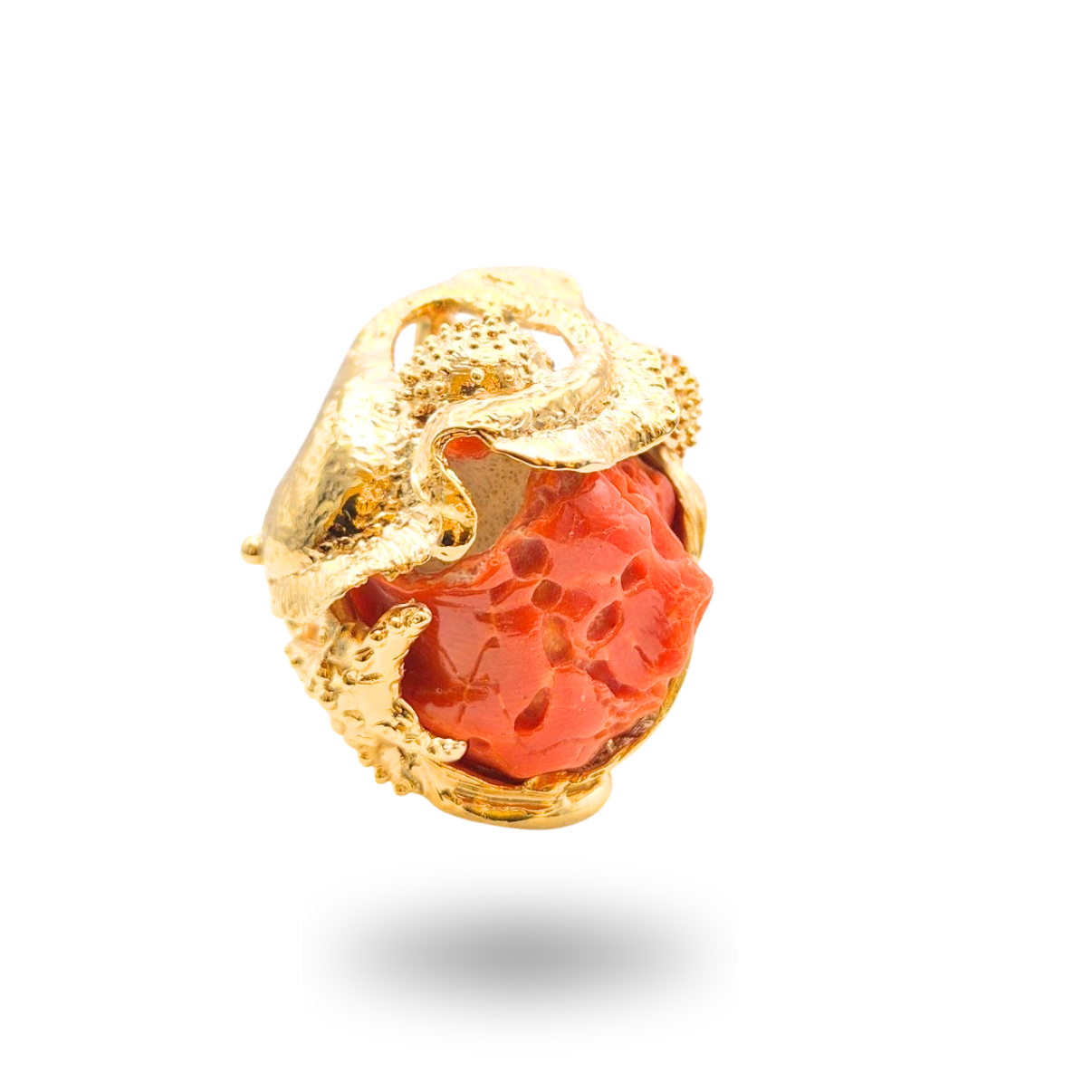 Anello in Bronzo dorato con sasso di Corallo rosso Mediterraneo e tema alghe marine