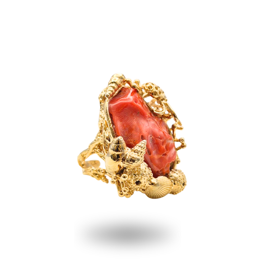 Anello in Bronzo dorato con sasso di Corallo rosso Mediterraneo e tema marino