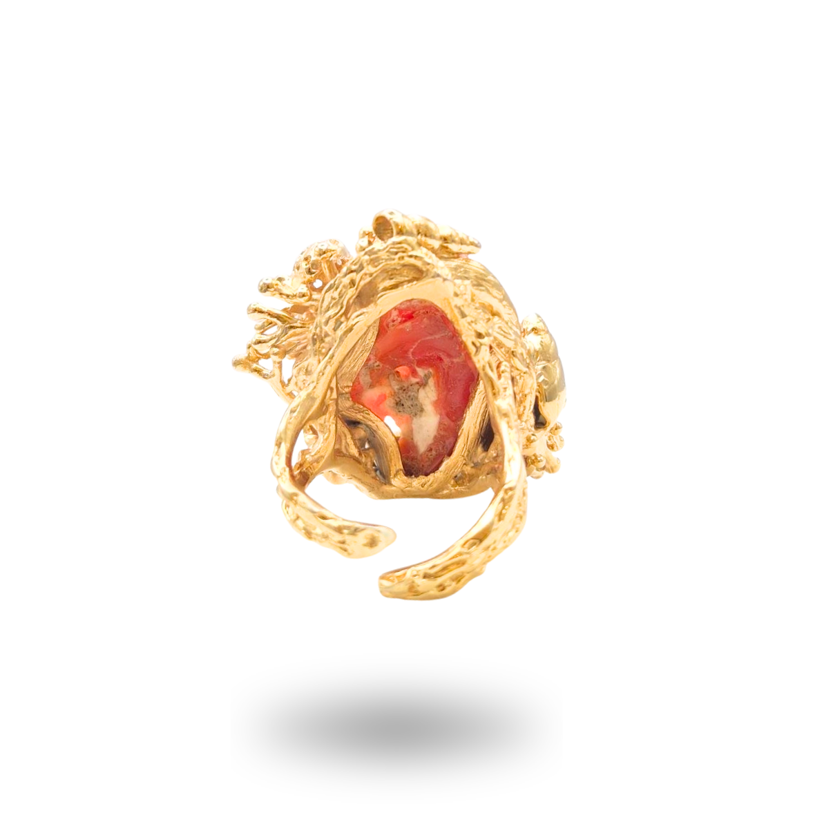 Anello in Bronzo dorato con sasso di Corallo rosso Mediterraneo e tema marino