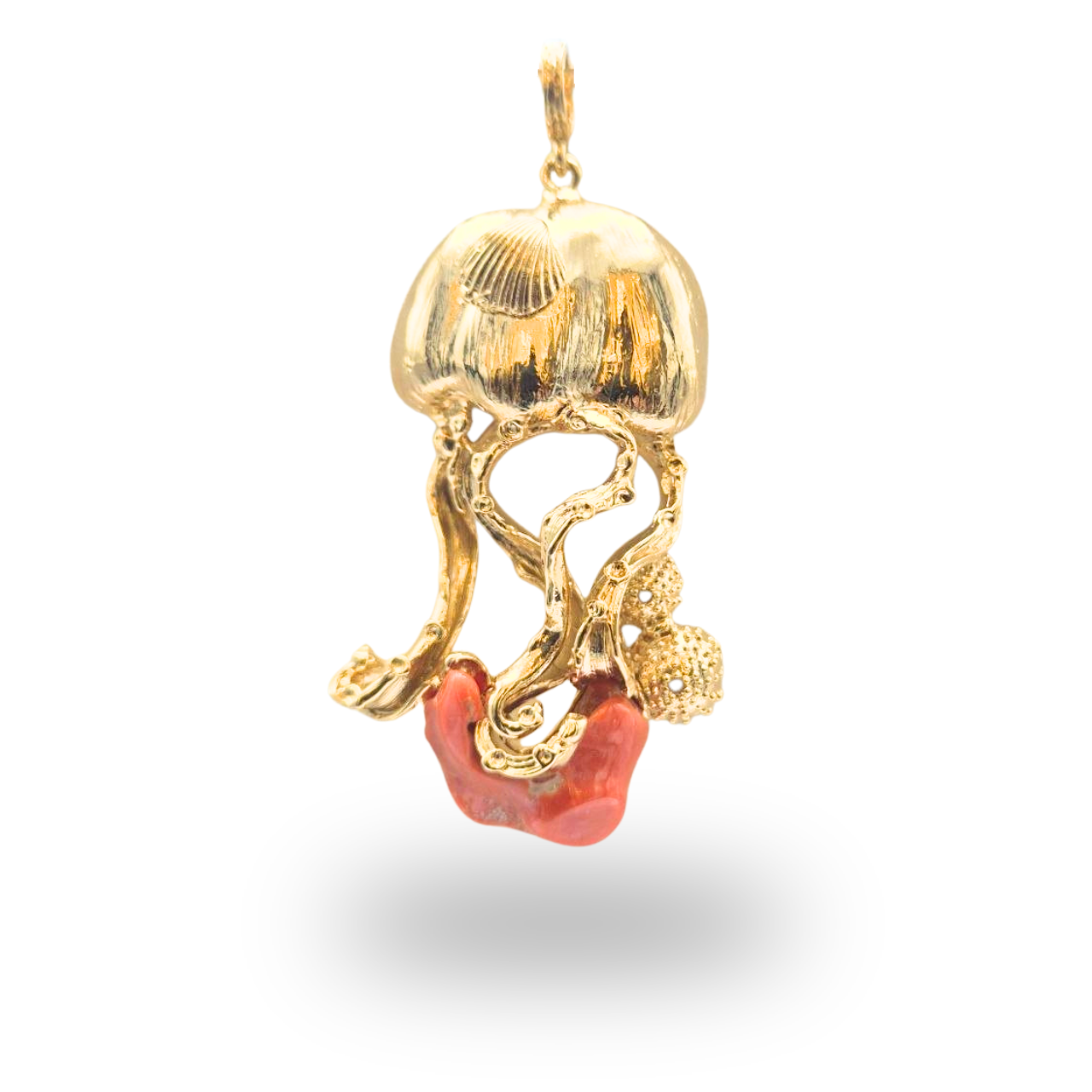 Ciondolo in Bronzo dorato Medusa con sasso di Corallo rosso Mediterraneo