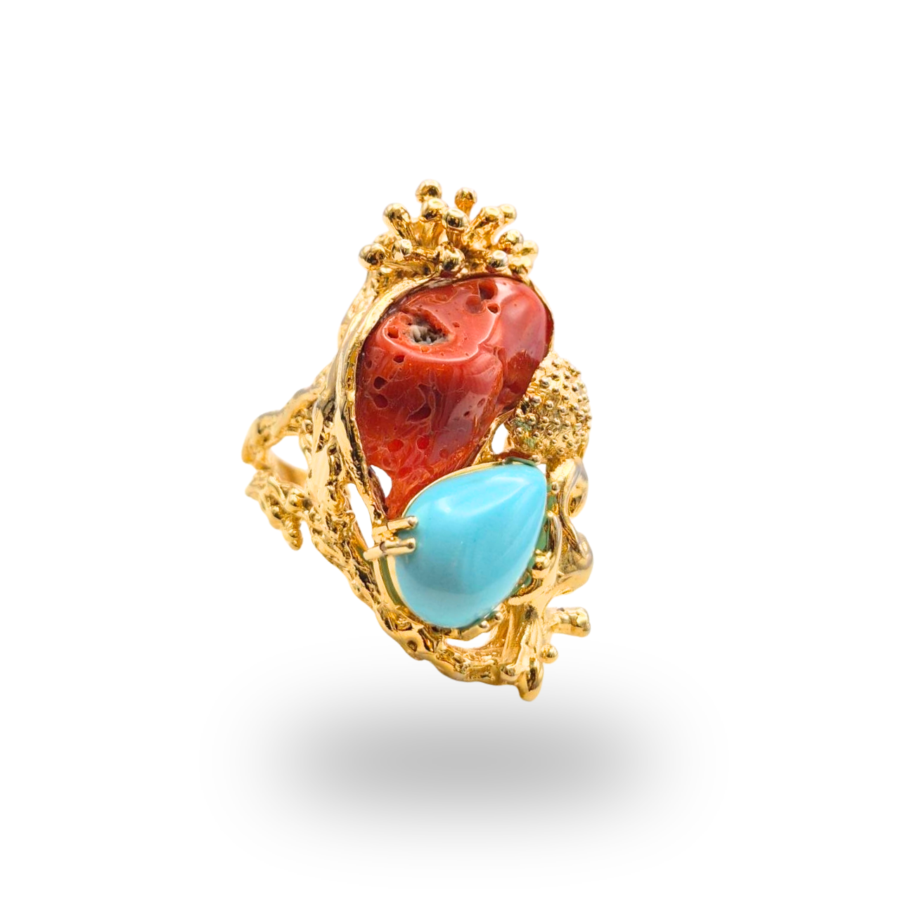 Anello in Bronzo dorato in tema marino con Pasta di Turchese e sasso di Corallo rosso Mediterraneo