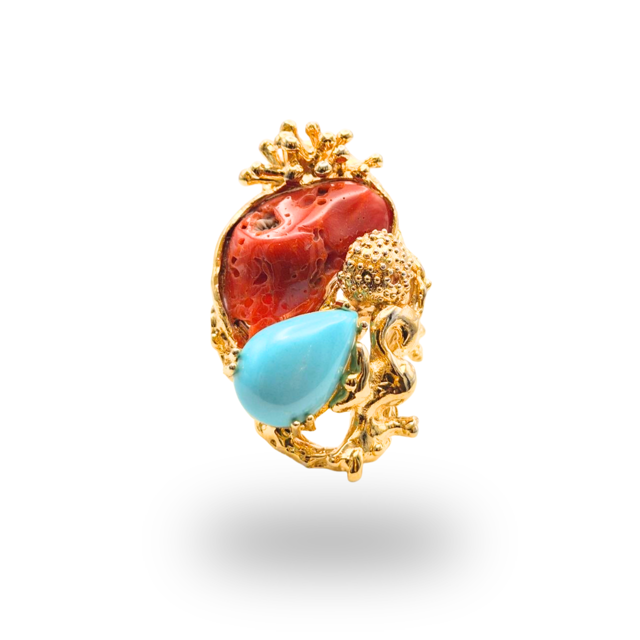 Anello in Bronzo dorato in tema marino con Pasta di Turchese e sasso di Corallo rosso Mediterraneo