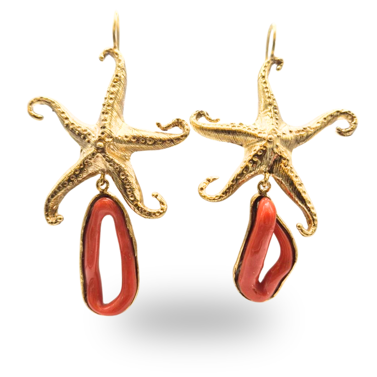 Orecchini in Bronzo dorato Stella marina con ramo chiuso di Corallo rosso Mediterraneo