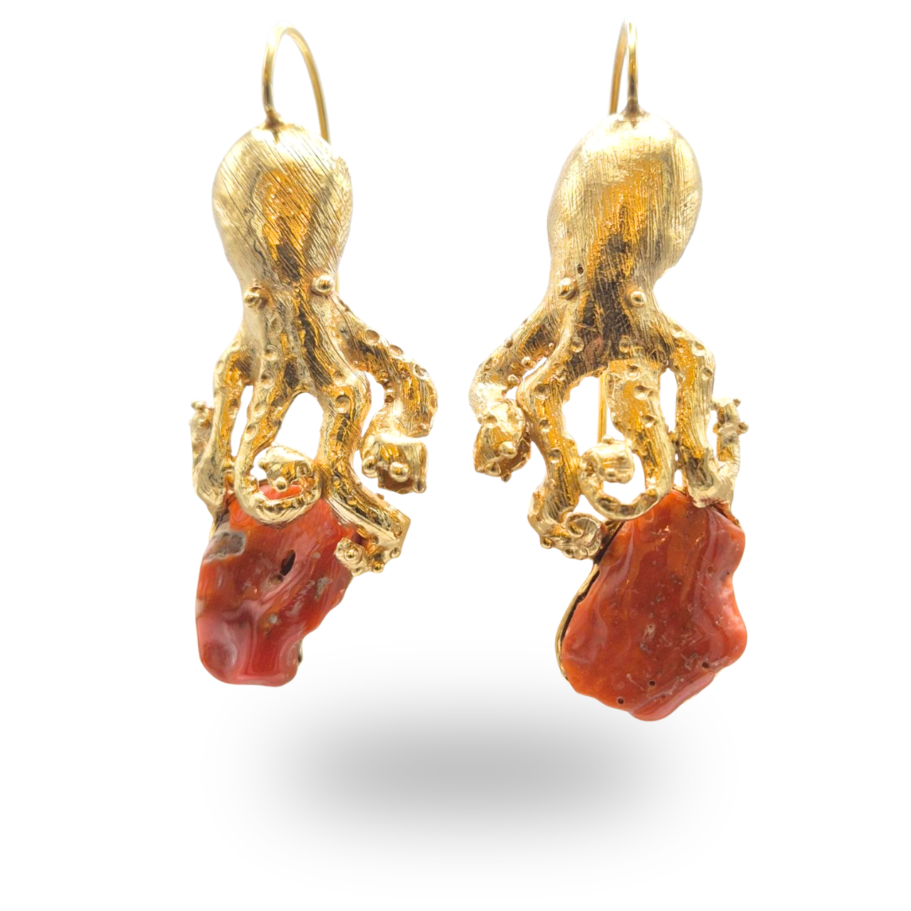 Orecchini in Bronzo dorato Polpo con sasso di Corallo rosso Mediterraneo
