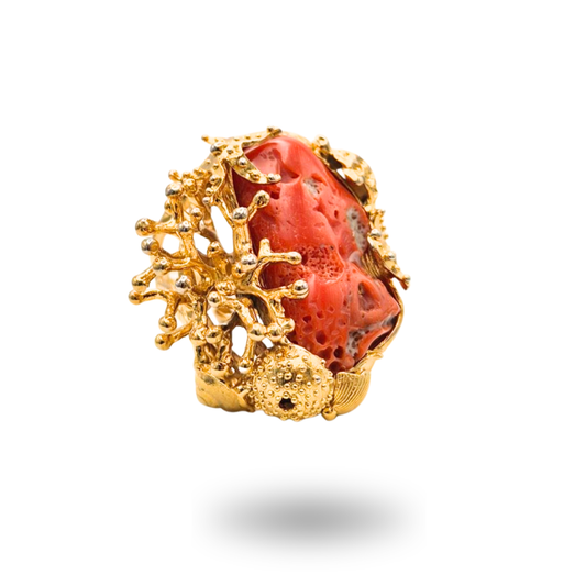 Anello in Bronzo dorato in tema marino con sasso di Corallo rosso Mediterraneo
