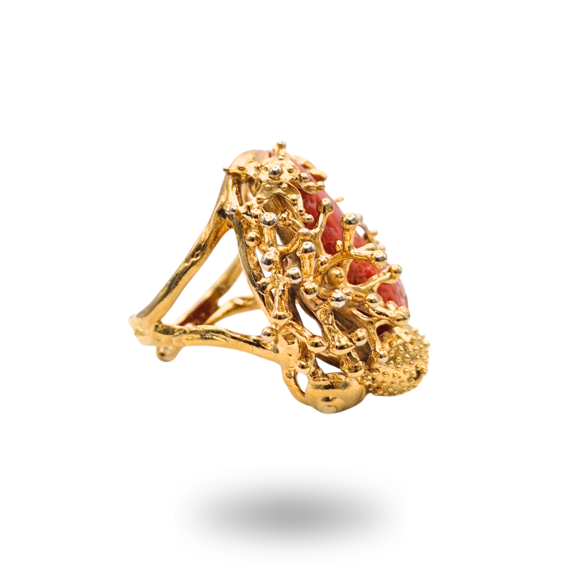 Anello in Bronzo dorato in tema marino con sasso di Corallo rosso Mediterraneo