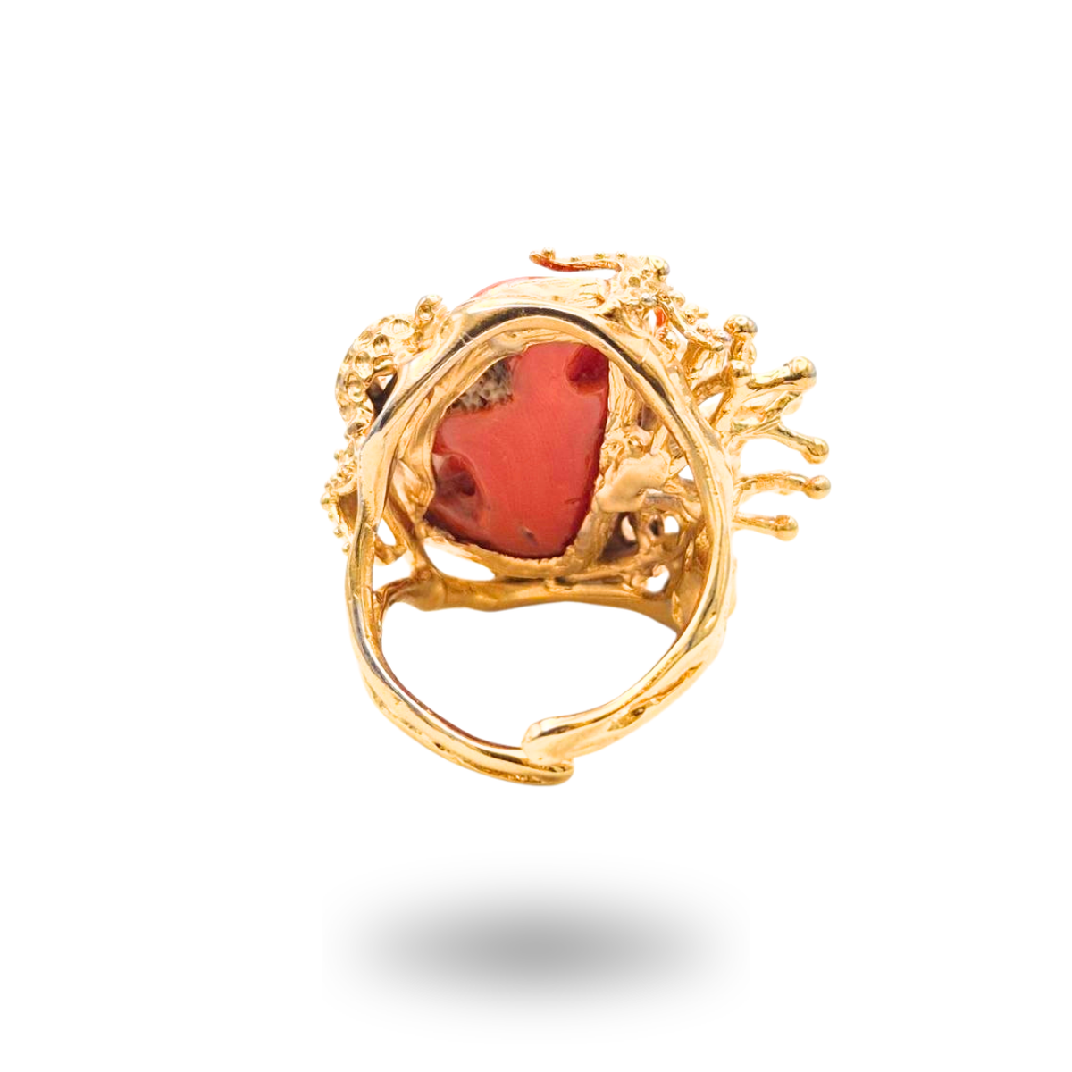 Anello in Bronzo dorato in tema marino con sasso di Corallo rosso Mediterraneo