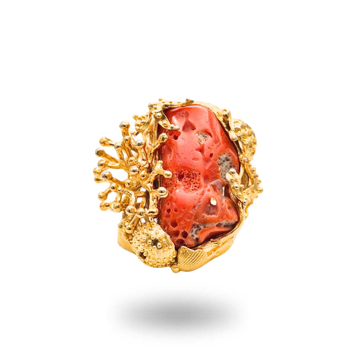 Anello in Bronzo dorato in tema marino con sasso di Corallo rosso Mediterraneo