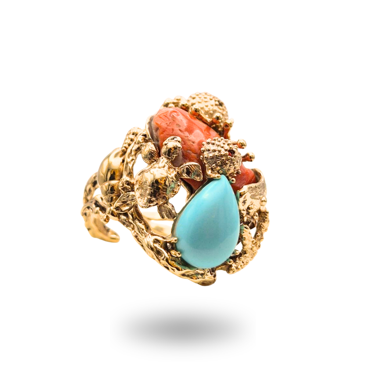 Anello in Bronzo dorato in tema marino con Pasta di Turchese e sasso di Corallo rosso Mediterraneo