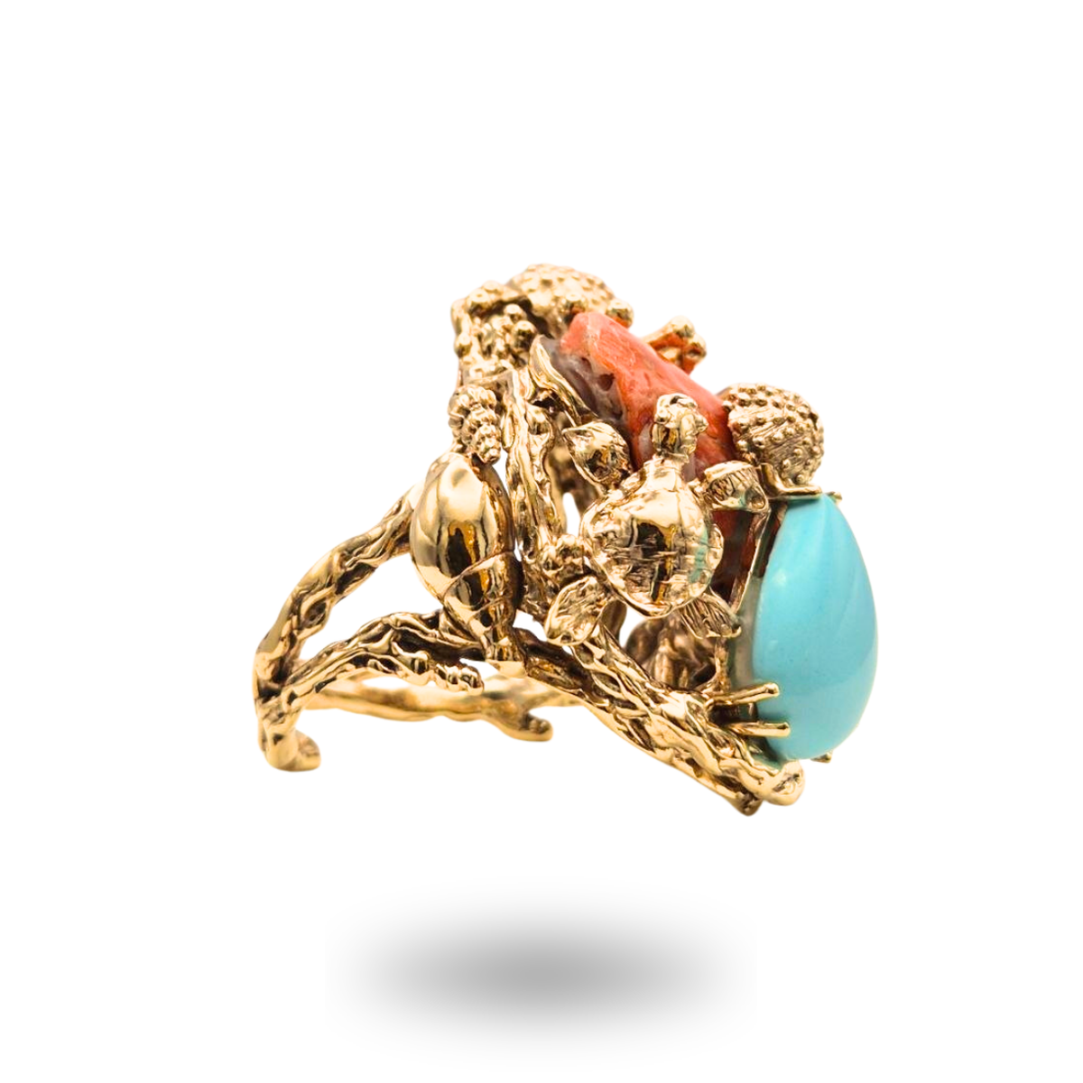 Anello in Bronzo dorato in tema marino con Pasta di Turchese e sasso di Corallo rosso Mediterraneo