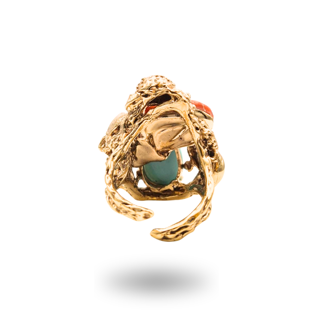 Anello in Bronzo dorato in tema marino con Pasta di Turchese e sasso di Corallo rosso Mediterraneo