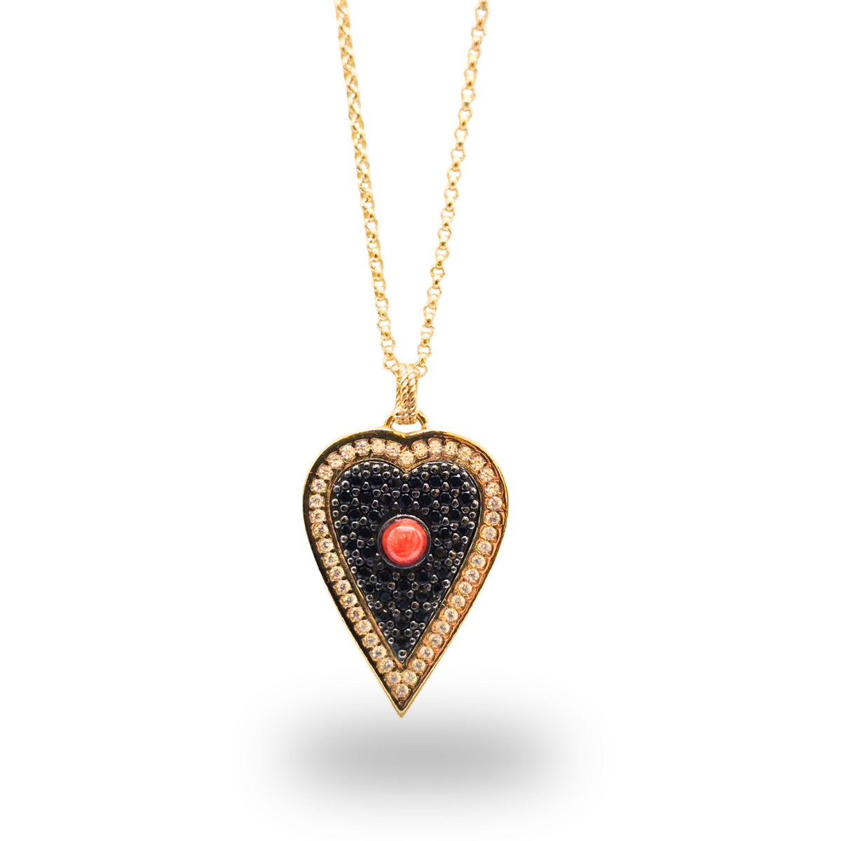 Collana in Argento 925 dorato con ciondolo a Cuore con Quarzi e spola in Corallo rosso
