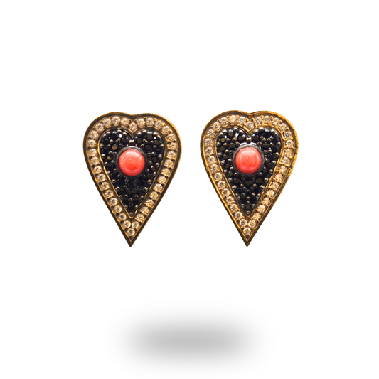 Orecchini in Argento 925 dorato a Cuore con Quarzi e spola in Corallo rosso