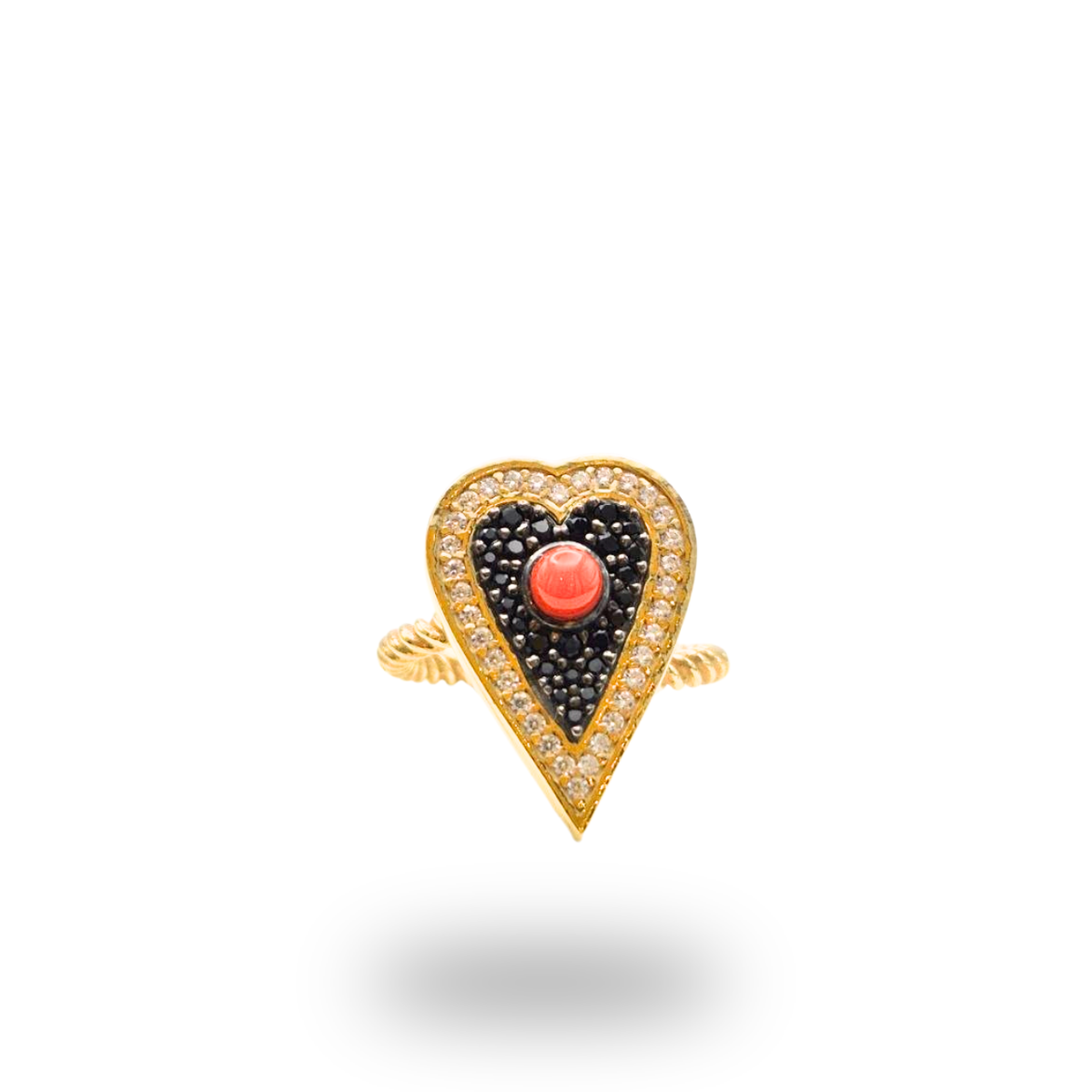 Anello in Argento 925 dorato con Cuore con Quarzi e spola in Corallo rosso