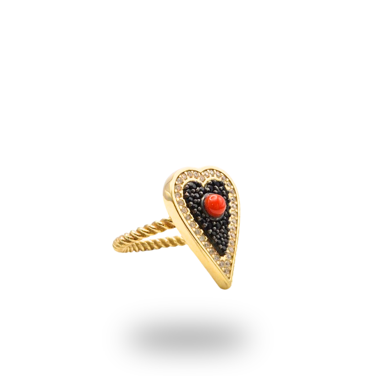 Anello in Argento 925 dorato con Cuore con Quarzi e spola in Corallo rosso