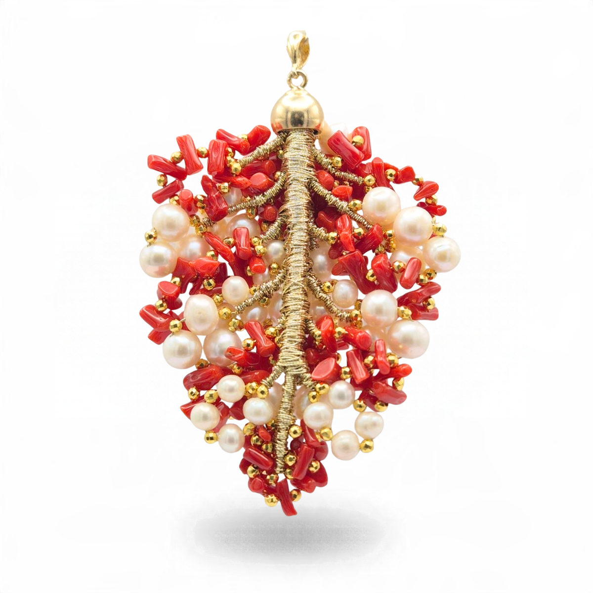Ciondolo a grappolo con Corallo rosso Mediterraneo e Perle e gancio in Argento 925 dorato. Misura grande