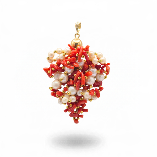 Ciondolo a grappolo con Corallo rosso Mediterraneo e Perle e gancio in Argento 925 dorato. Misura piccola