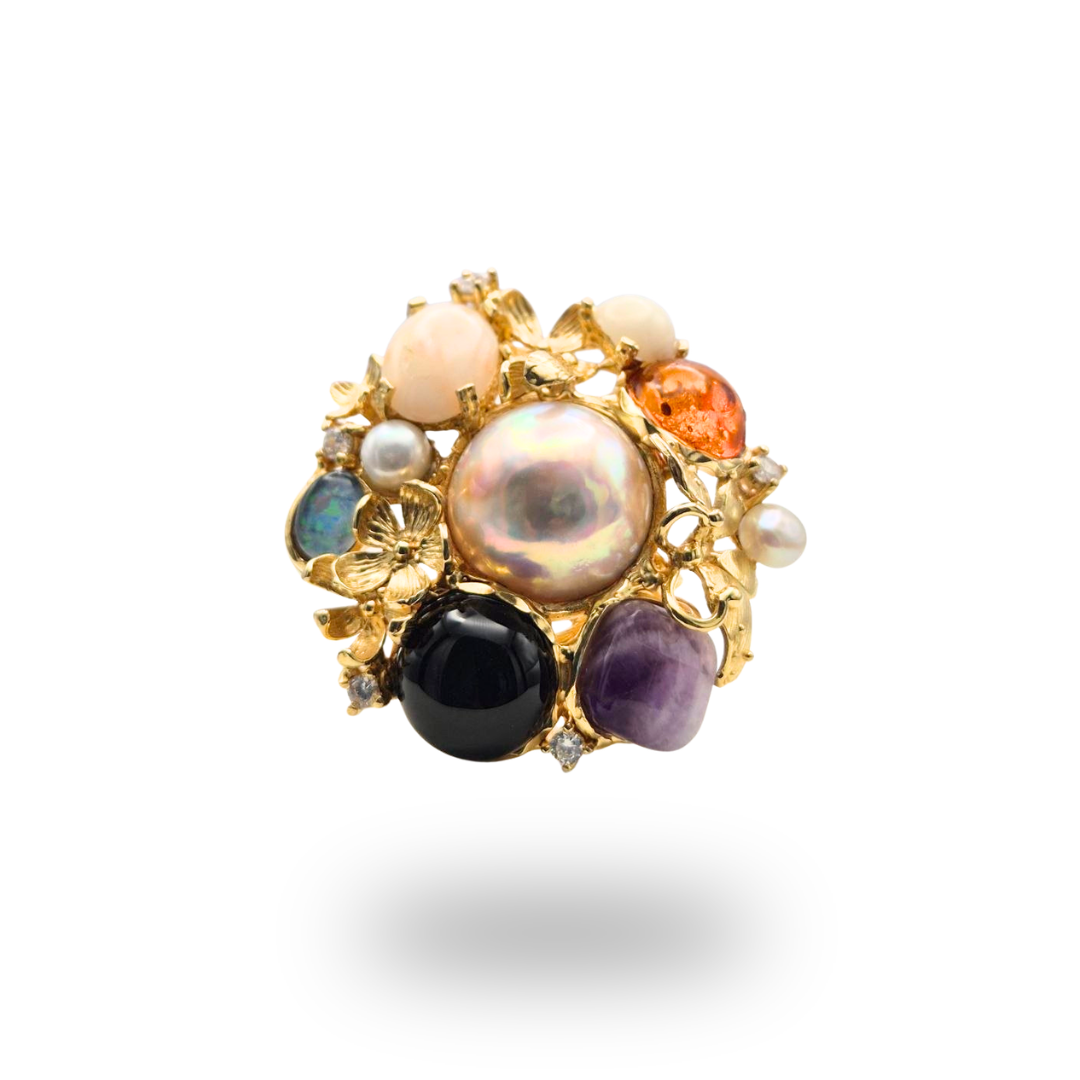 Anello in Bronzo dorato in tema floreale con Perla centrale, Corallo rosa e Pietre Naturali