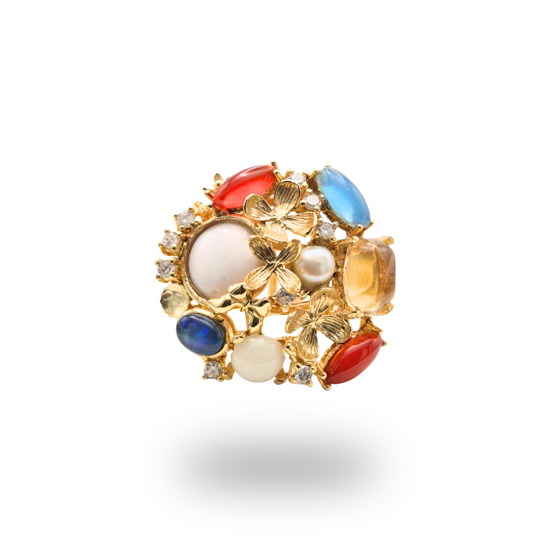 Anello in Bronzo dorato in tema floreale con Pietre Naturali
