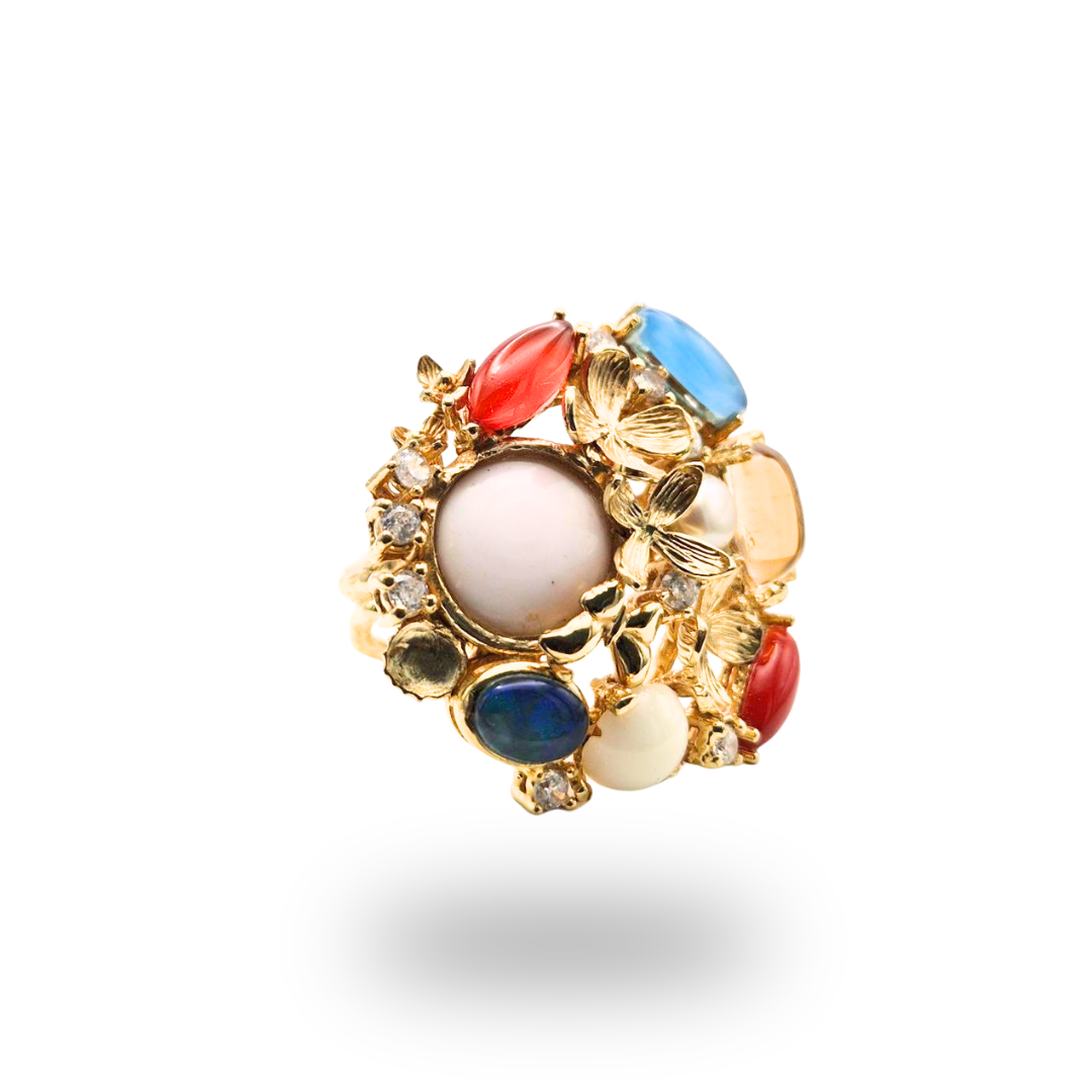 Anello in Bronzo dorato in tema floreale con Pietre Naturali