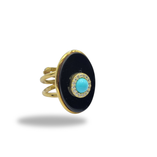 Ring in golden 925 silver with oval plate in onyx and turquoise