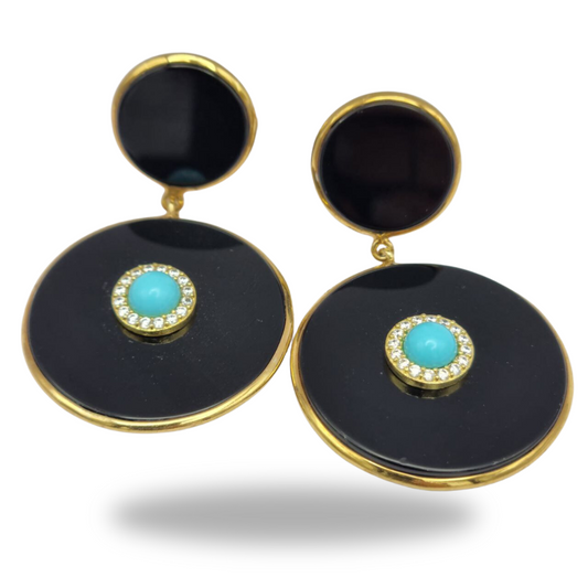 Earrings in gold-plated 925 silver with double round plate in onyx and turquoise
