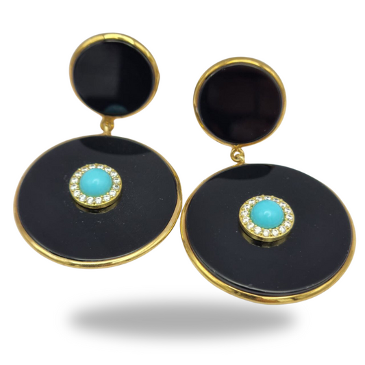 Boucles d'oreilles en argent 925 plaqué or avec double plaque ronde en onyx et turquoise