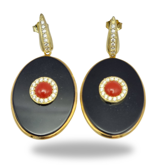 Earrings in golden 925 silver with oval plate in onyx and coral