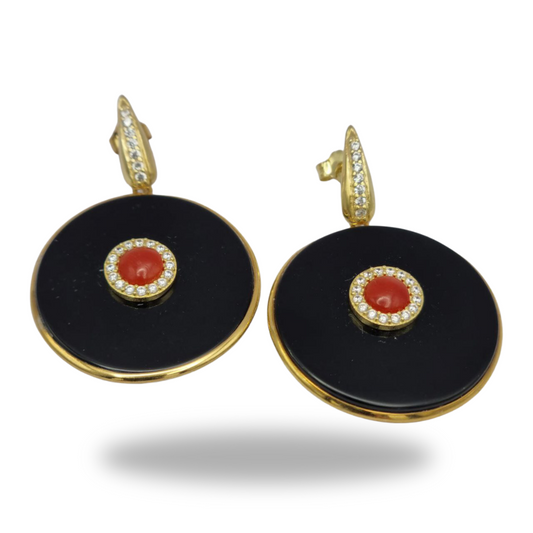 Boucles d'oreilles en argent 925 doré avec plaque ronde en onyx et corail