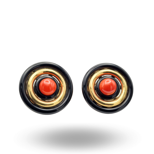 Orecchini in Argento 925 dorato con cerchi in Onice e Corallo rosso Mediterraneo