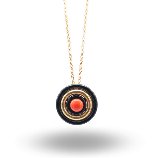Collana in Argento 925 dorato con ciondolo con cerchi in Onice e Corallo rosso Mediterraneo
