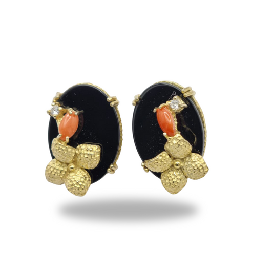 Boucles d'oreilles en argent 925 plaqué or avec fleur sur plaque ovale en onyx et corail