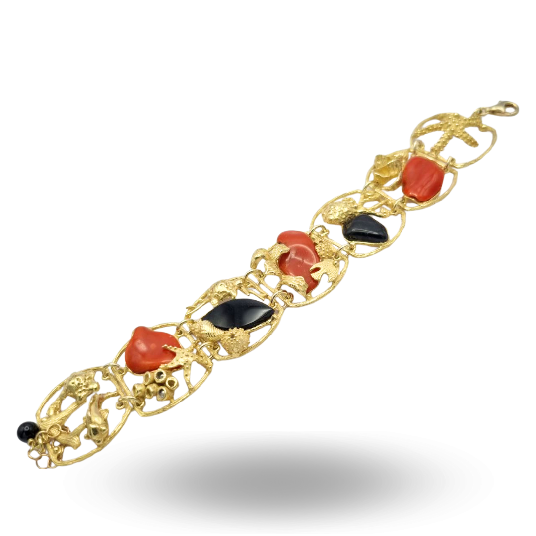 Bracciale in Argento 925 dorato con Onice e Corallo - Tema marino