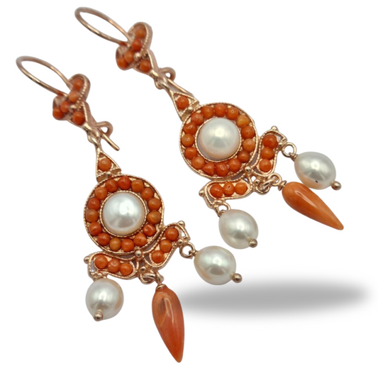 Boucles d'oreilles en argent rosé 925 avec perles et corne de corail Sciacca