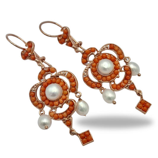Earrings in 925 rosé Silver with Pearls and Sciacca Coral