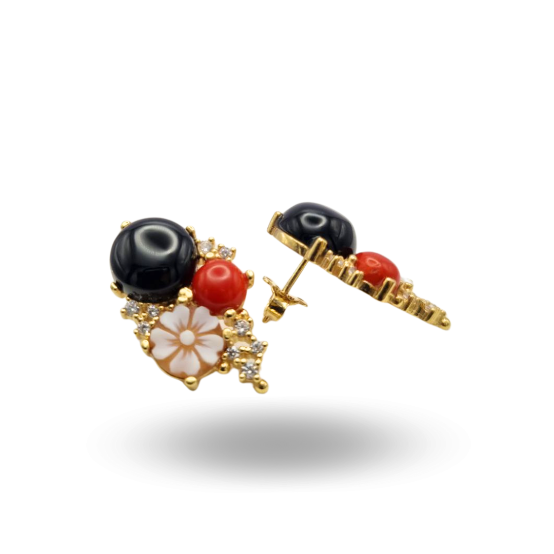 Orecchini in Argento 925 dorato con Cammeo, Corallo, Onice e Quarzi