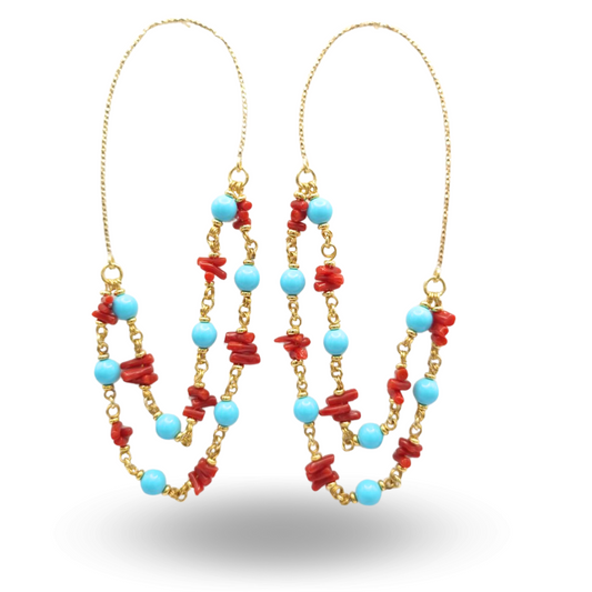 Orecchini in Argento 925 dorato con arco e due catene con Corallo rosso e Pasta di Turchese