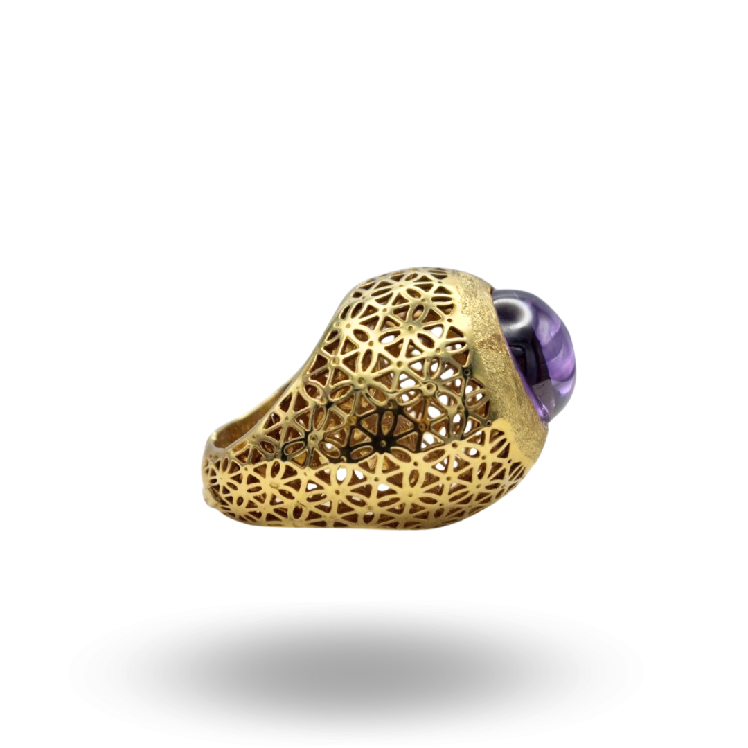 Anello in Argento 925 dorato traforato con Quarzo idrotermale ametista